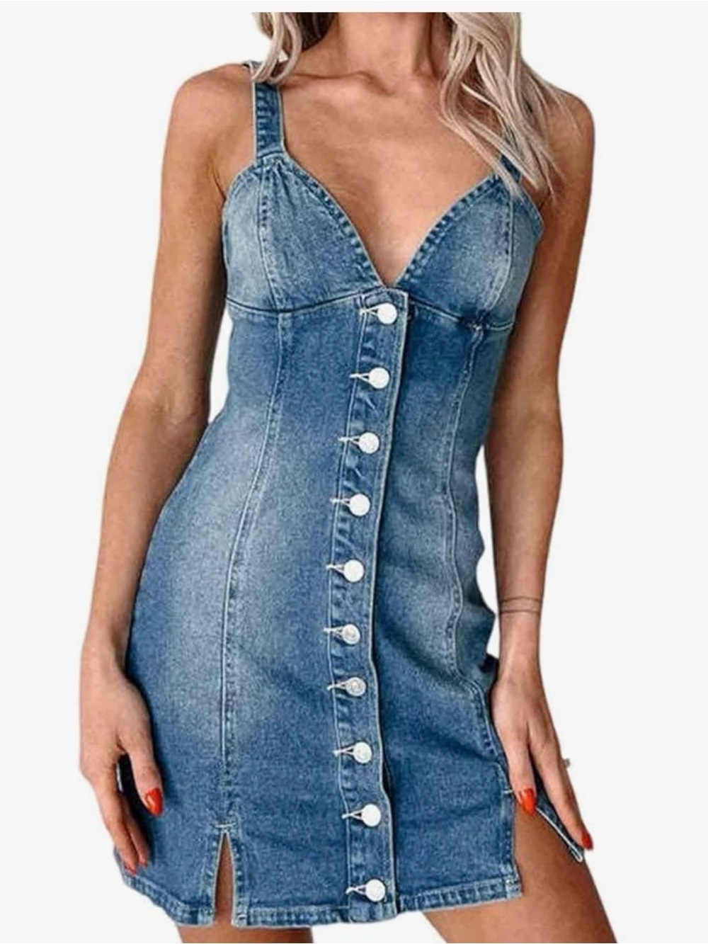 Denim Button-Front Mini Dress - Blue